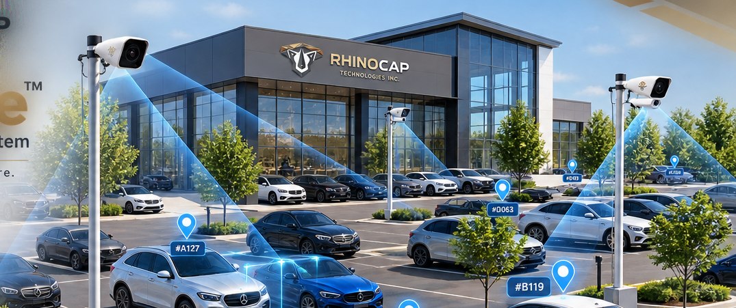 RhinoTrace AI cameras tracking individual vehicles across a dealership lot, each tagged with its own ID