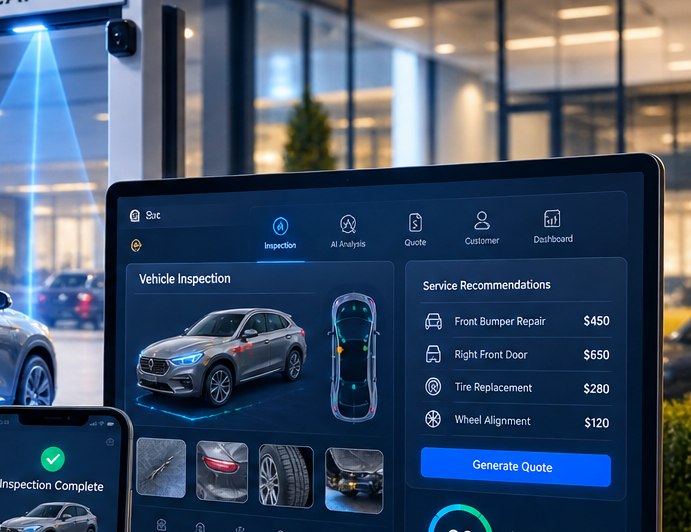 Smart Retail Suite dashboard showing a vehicle inspection with priced service recommendations