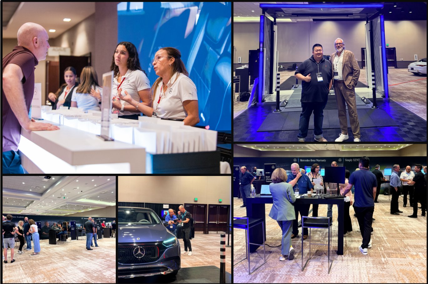 Collage from the OEM's NDTD and NPSMM 2026: service desk, RhinoCap founder at the XVD gate, exhibition floor and demo vehicle
