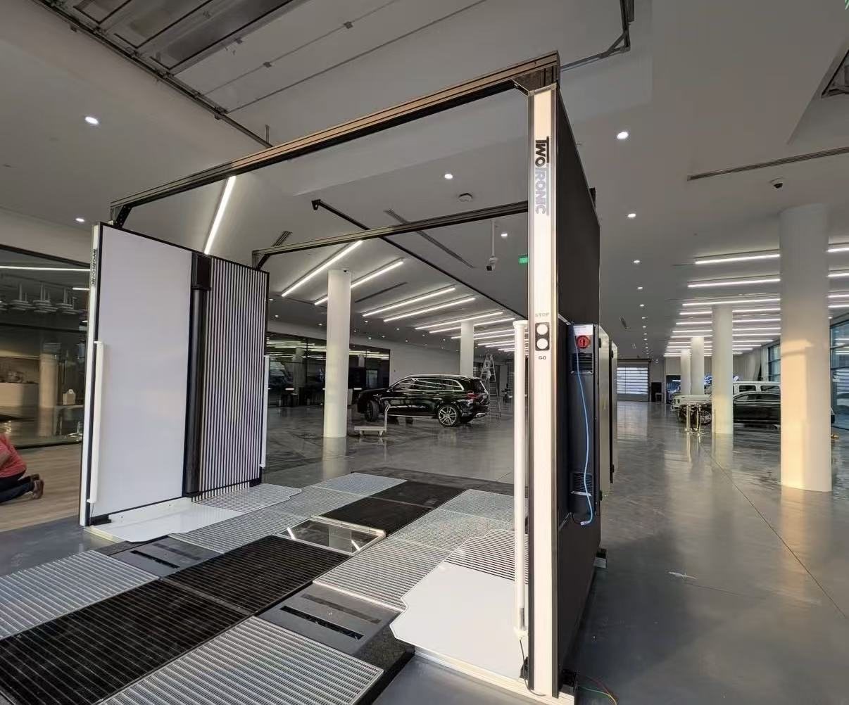 Compact scanner gate inside a dealership showroom